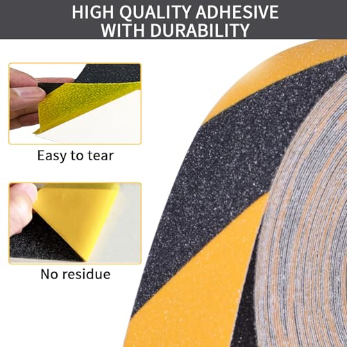 Image of Black & Yellow Anti-Slip Stair Treads Tape, 2 inch x50FT Heavy Duty Non-Skid Grip Tape for Indoor /Outdoor Steps, Bathroom & Pool - PVC Waterproof Safety Traction Tape