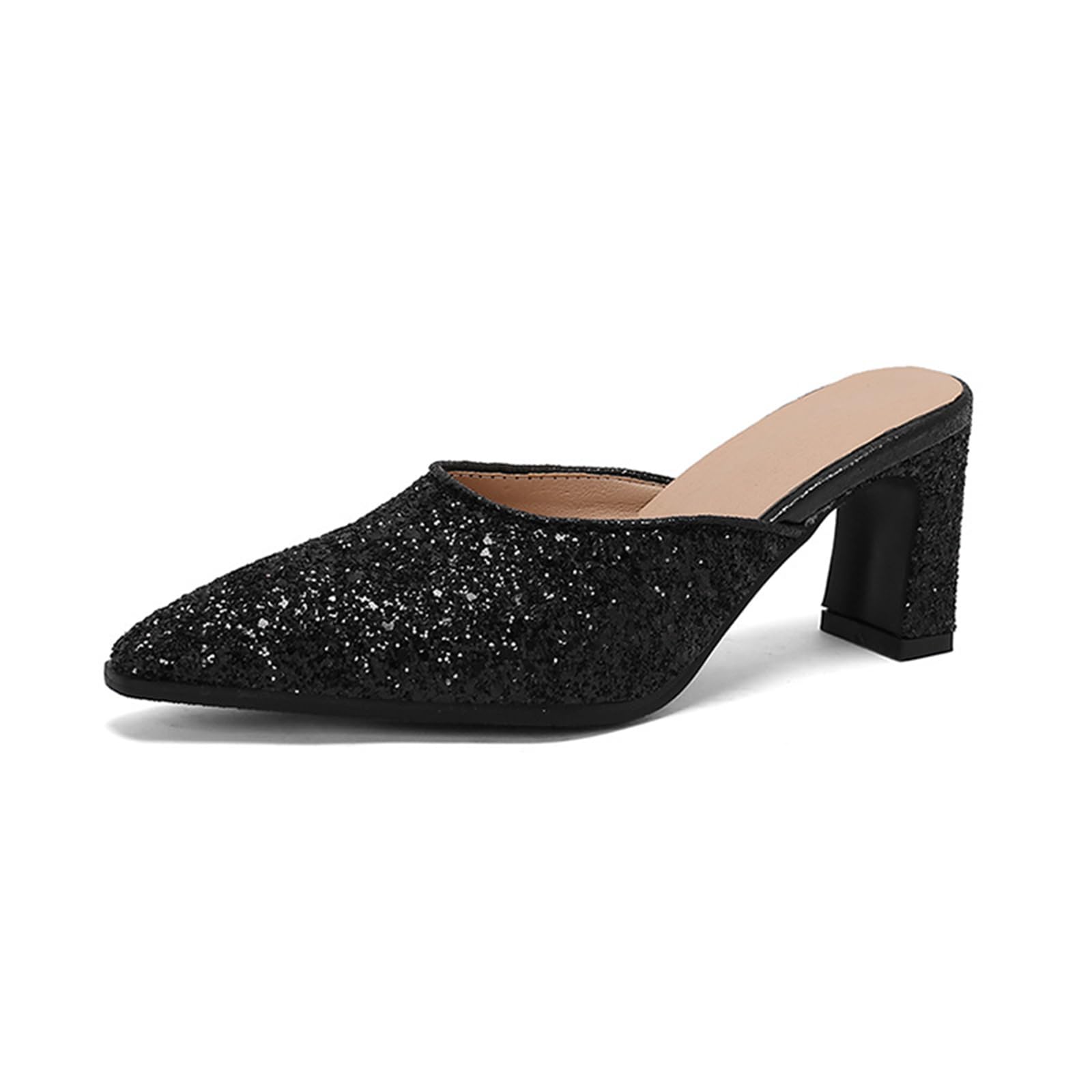 Mule Nere con Glitter da 7 cm, Punta affilata, Tacco a Blocco
