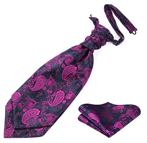 HISDERN Wedding Cravat Pre-tied Ascot Tie and Pocket Square Set for Men Satin Casual Paisley Ascots Purple