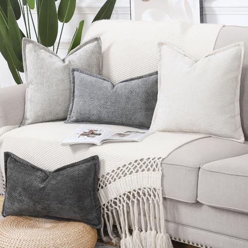 Image of MADIZZ Decorative Chenille Velvet Throw Pillow Covers Set of 2 Soft Boho Textured Neutral Couch Throw Pillow for Bed Modern Farmhouse Home Decor for Sofa Livingroom Oatmeal 24x24 Inch Euro Sham