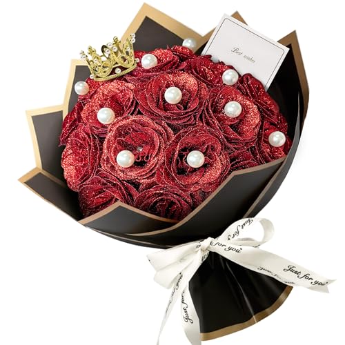 JINXIXI Bouquet de 24 roses rouges pailletées, kit de bouquet de fleurs artificielles à fabriquer soi-même avec 12 fleurs perlées artificielles, papiers d'emballage, tiges, cartes pour cadeaux