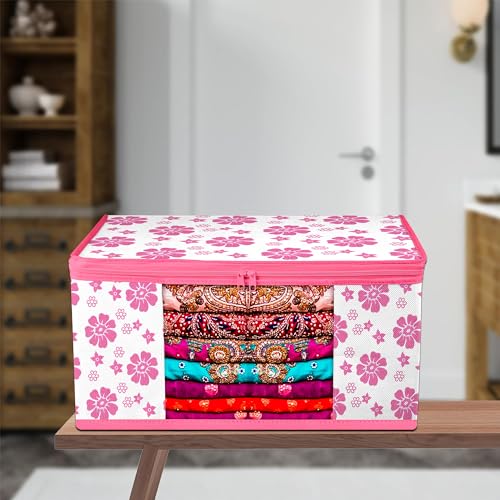 Image of Kuber Industries Zip Closure Saree Cover Bag | Clothes Storage Bag | Wardrobe Organiser | Transparent Window| Flower-Design | 9 inch | Pack of 3 | Pink