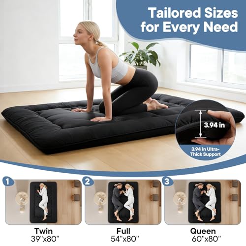 XICEN Japanese Floor Mattress, Futon Mattress with Portable Storage Bag and Washable Cover, Roll Up Thick Tatami Mat Suitable for Camping, Guest Room (Black)