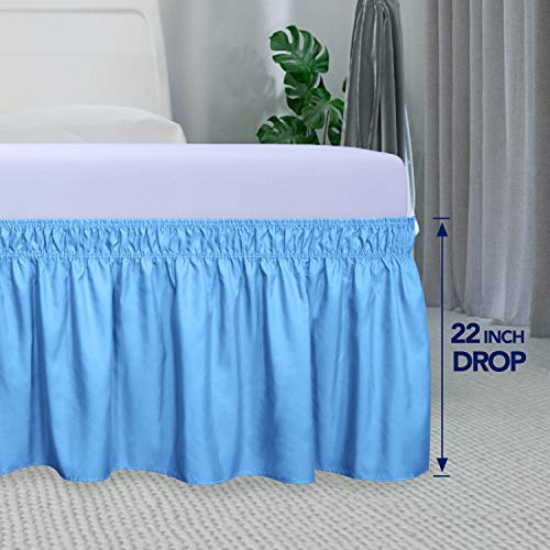 PureFit Wrap Around Ruffled Bed Skirt with Adjustable Elastic Belt - 22 Inch Drop Easy to Put On, Wrinkle Free Bedskirt Dust Ruffles, Bed Frame Cover for Twin,Twin XL and Full Size Beds, Light Blue