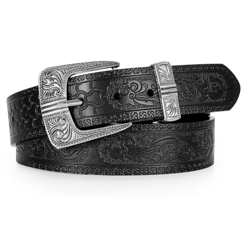 Western Leather Belts for Women Men Vintage Engraved Cowboy Cowgirl Belt with Antique Silver Pin Buckle for Jean Dress