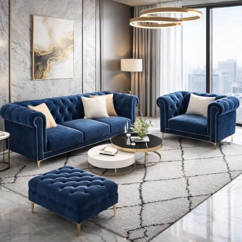 Image of Modern Classic 5 Seater Sofa Set Couch Fabric & Valvet Tufted 3+1+1 Footrest Chesterfield Sofa Living Room and Office (Blue) | Premium Material