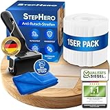 K&L StepHero Stufenmatten Treppenstufen transparent – 15er Set, 15x61cm, selbstklebend & zuschneidbar – Antirutsch Treppenstufen für Holz, Stein & Fliesen – inkl. Andrückroller & Mikrofasertuch