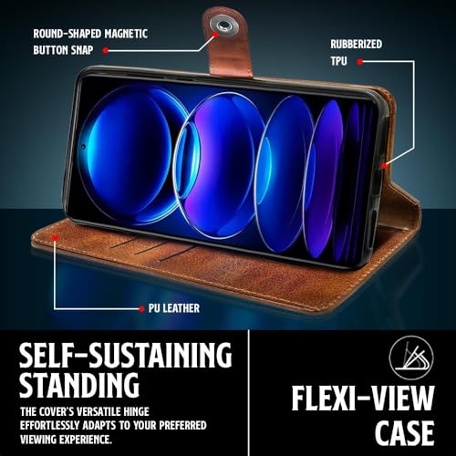 Image of WOW IMAGINE Shock Proof Flip Cover Back Case for Redmi Note 12 Pro 5G (Magnetic Button Flip Case | Wallet Pockets & Stand | Leather Finish | Alder Brown)
