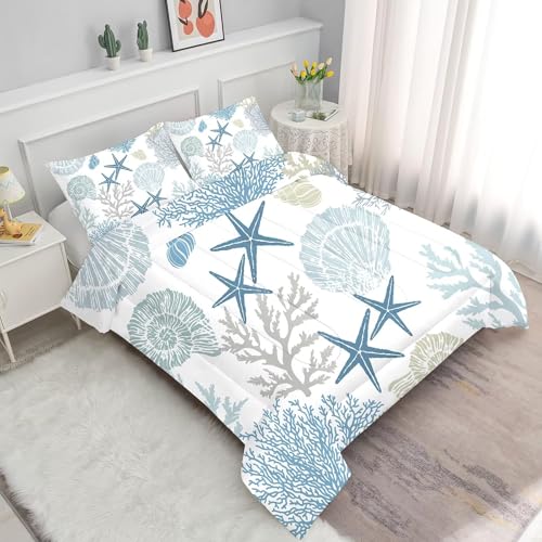 FUYEUN Coastal Bedding Set Queen: Nautical Comforter for Kids Teens Men Women, Sea Shell Starfish Marine Bedroom Decor 1 Comforter 2 Pillowcases - Image 2