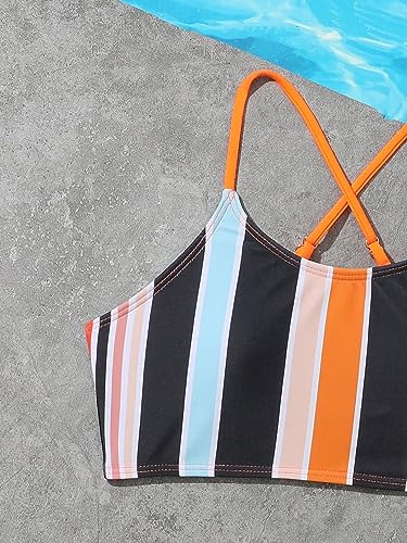 SweatyRocks Girl's 2 Piece Bathing Suits Striped Print Spaghetti Strap Criss Cross Bikini Set High Waist Swimsuit4