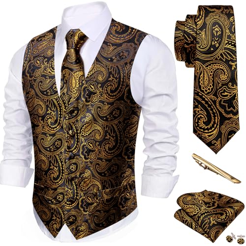Barry.Wang Mens Black Gold Paisley Suit Vest Tie Set Silk Floral Waistcoat Necktie and Pocket Square Lapel Pin Set 5PCS