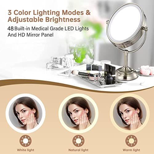 Vesaur 8.5" Large Tall Lighted Makeup Mirror, 1X/10X Magnifying Vanity Mirror With 3 Color Lights, 48 Leds Adjust Brightness(0-1200Lux), Senior Pearl Nickel Swivel Cosmetic Mirror, Dual Power Supply #TOP4
