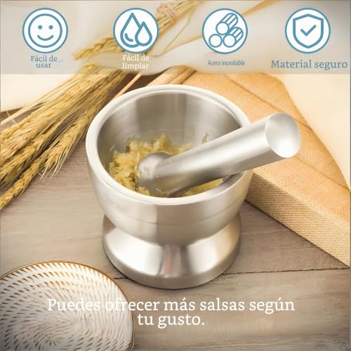 Miniatura 5 de Sitbfoam Juego De Mortero Con Mortero, Acero Inoxidable 304, Apto Para Alimentos, Con Cubierta De Plástico, Trituradora De Especias, Molinillo De Hierbas Para Especias, Pestos O Pastas