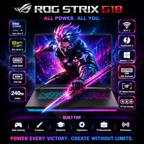 Image of ASUS ROG Strix G18 Gaming Laptop, 18 inch 2.5K 240Hz Nebula Display, Intel 24-Core Ultra 9 275HX, GeForce RTX 5070 Ti, 64GB DDR5 RAM, 4TB PCIe Gen4 SSD, Wi-Fi 7, RGB Keyboard, Windows 11 Pro