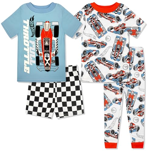 Hot Wheels 4 Piece Pajama Set - Toddler Boys Snug Fit PJ Set Short Sleeve Shorts & Pants - Kids Sleepwear - Official License Light Blue