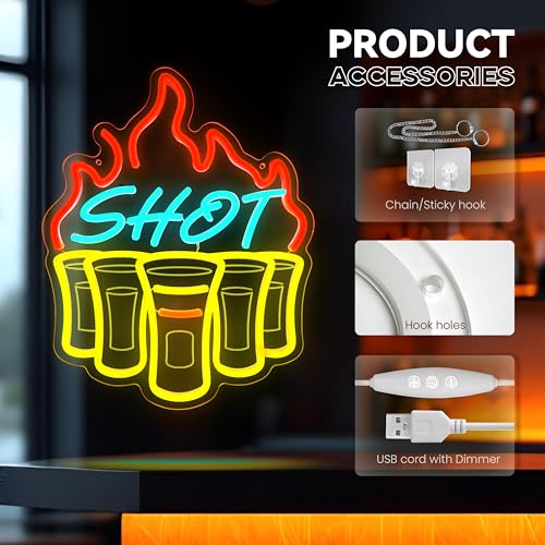Image of Shot Neon Signs for Wall Decor, Bar Neon Sign, Dimmable Acrylic LED Lights for Home Bar Pub Club Bistro Man Cave Restaurant Party Decorations Gift