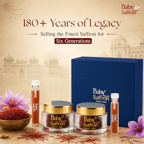 Image of Baby Brand Saffron Signature Gift Hamper | Mongra Kesar /Keshar Threads (2x 0.5g Each) + Instant Saffron Powder (2x500mg Each) | Grade 1 ISO 3632 Tested | For Celebration & Corporate Gifting (Blue)