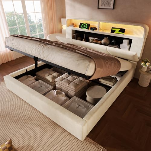 DEKKETO Doppelbett 180x200 Boxspringbett und Lattenrost mit Stauraum kopfteil mit 3 USB und 1 Typ C-Port Polsterbett mit LED-Beleuchtung Samt Bett Beige ohne Matratze