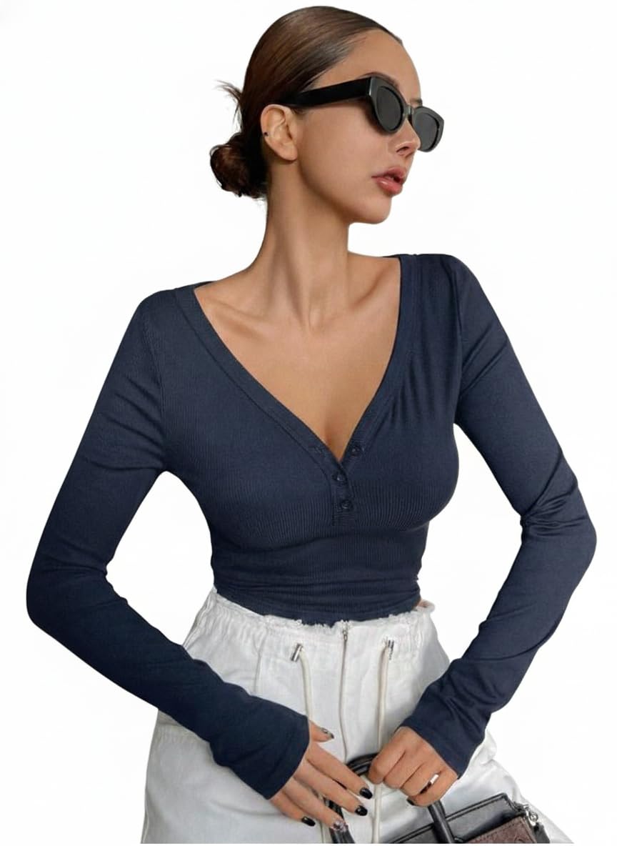 Women Ribbed Full Sleeve V Neck Crop Top for Women | Regular Fit Stretchable Casual Wear Top for Girls & Woman | Trendy Tops-image-3