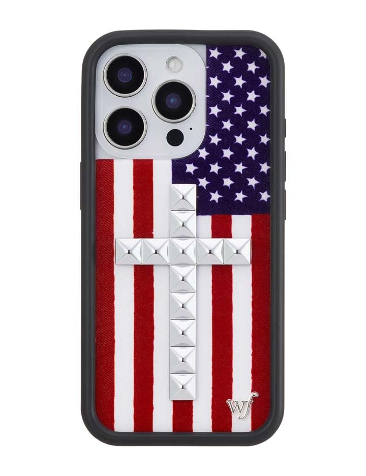 Image of Wildflower Cases - iPhone 16 Pro Compatible - Stud Cross American Flag | Impact-Certified 6.5 ft Drop Protection Case, Raised Protective Bumper, Cute Aesthetic Design, Women-Owned Small Business