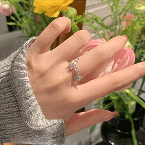 Silver Butterfly Ring - Dainty Crystal Zircon Open Adjustable Statement Ring - Cute Promise Engagement for Women Bride3