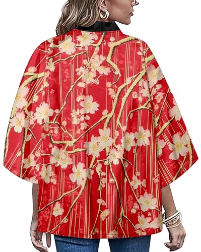 Image of LAI MENG FIVE CATS Women's Floral Print Loose Blouse Japanese Kimono Tops | Puff Sleeve,Cover up Top,Casual Cute Tops,Summer Cardigans 2026
