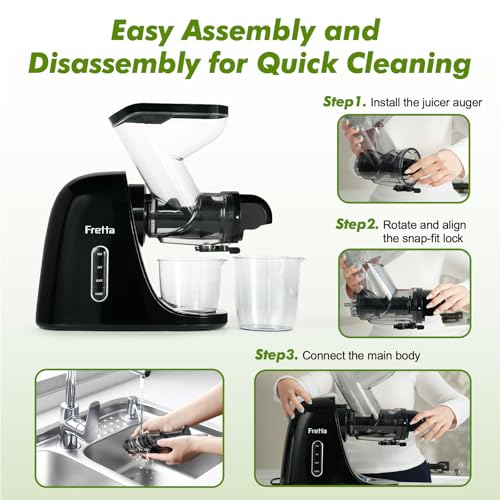 Image of Fretta Juicer Machines, Cold Press Juicer, 3 inch Feed Chute, Easy Clean,200W | Less Prep for Daily Juicing, Soft & Hard Produce, Quiet Morning Use, Reverse Function, Y-Shaped Safer Loading