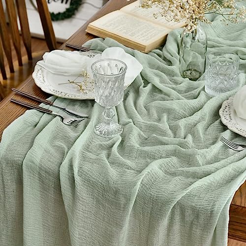 Artoid Mode Boho Cheesecloth Gauze Sage Green Wedding Table Runner, 160 Inch Seasonal Fabric Kitchen Dining Holiday Table Decor for Home Party Indoor
