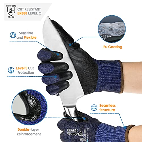 Andanda Cut Resistant Gloves Level C, 3D Comfort Stretch Fit, Pu Coated Work Gloves With Power Grip, Ideal Work Gloves For Men/Women Handle Glass, Sharp Metal, Blue(L),1Pair #TOP3