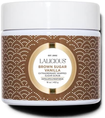 LaLicious Brown Sugar Vanilla Extraordinary Whipped Sugar Scrub - Cane Sugar Body & Foot Scrub, Exfoliating & Moisturizing Skin Care with Coconut Oil & Honey, No Parabens (16oz)