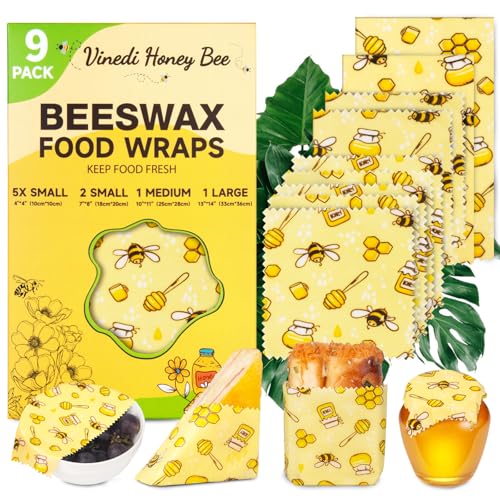 Reusable Beeswax Food Wraps, 9 Pack - Assorted Sizes (XS,S, M, L)...