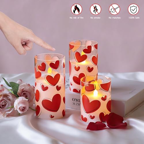 Image of Valentines Day Flameless Candles with Remote, Red Heart Glass Battery Operated Candles, Real Wax Flickering LED Pillar Candles for Proposal Wedding Anniversary Romantic Night, 3 Pack