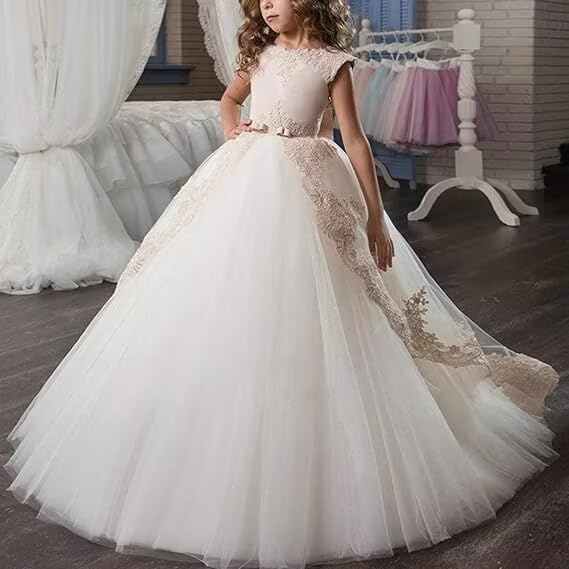 Flower Girl Dresses for Wedding Lace Applique First Communion Dress Tulle Pageant Dress Ball Gown with Bow2