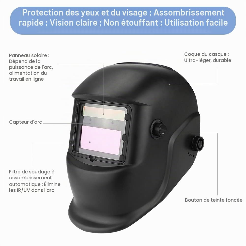Casque de soudage auto-obscurcissant à énergie solaire avec 6 lentilles de rechange + gants de soudure, pare-soleil réglable 4/9-13 pour meulage TIG MIG ARC, masque de soudage