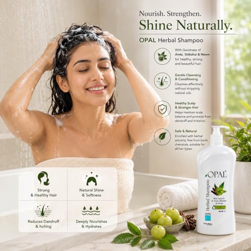 Image of OPAL Herbal Hair Shampoo 1 Litre with Amla, Shikakai & Neem | Paraben Free Shampoo for frizzy and dry hair| Helpful for Hair Growth & Hair fall Control| Herbal Shampoo for Men & Women