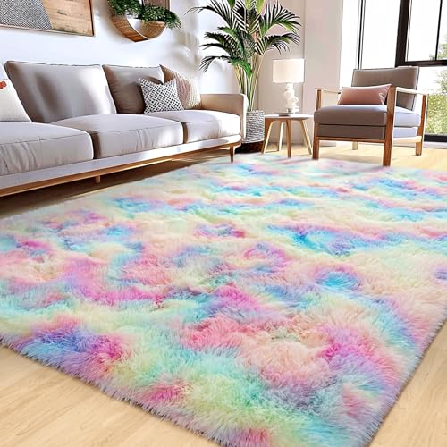 6x9 Girls Area Rugs for Bedroom, Soft Large Fluffy Rainbow Rug for Kids Room, Non Slip Fuzzy Colorful Plush Shag Rug for Dorm Home Decor, Modern Indoor Shaggy Floor Rugs for Living Room