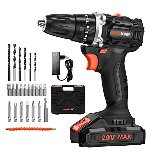Taladro Atornillador, LOMVUM 18V Taladro Percutor Bateria,Motor Brushless con 2 Velocidades, 2.0Ah Batería de Litio,Maxima Torsión 38N.m Cover