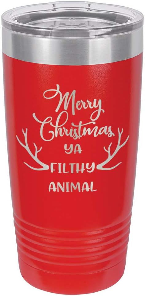 MERRY CHRISTMAS YA FILTHY ANIMAL Red 20 oz Drink Tumbler With Straw | Holiday Party Cup With Fun Christmas Quotes | Engraved Stainless Steel Travel Mug | OnlyGifts.com