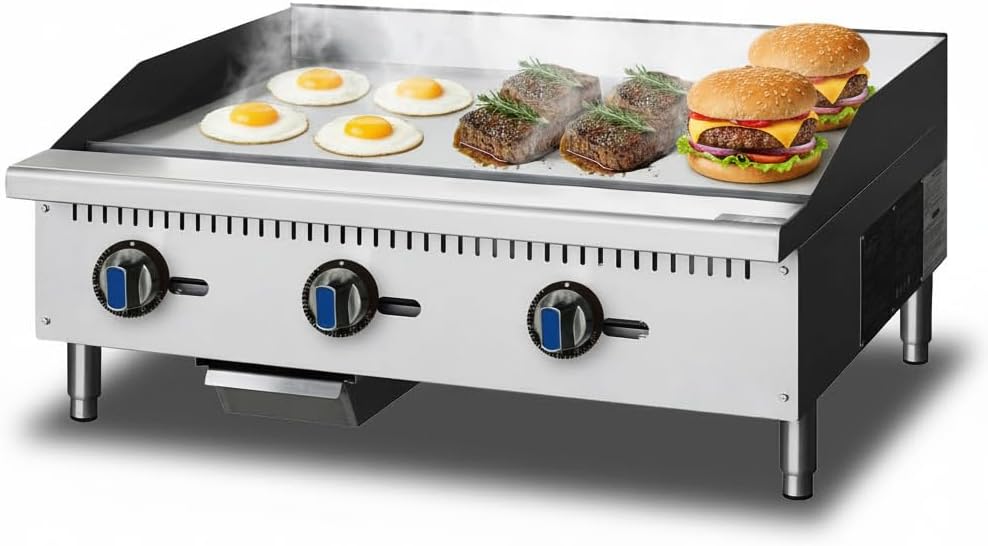 Commercial Countertop Natural Gas Griddle,36 in. 3-Burner Gas Griddle,122℉-572 ℉ Adjustable Temp, 90,000 BTU in Stainless-Steel, Natural Gas (NG) / Propane