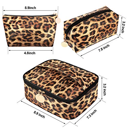 3 Pieces Leopard Print Cosmetic Bag Set Cheetah Toiletry Travel Makeup Bag Portable Makeup Pouch Brush Organizer Purse Handbag For Women #TOP5