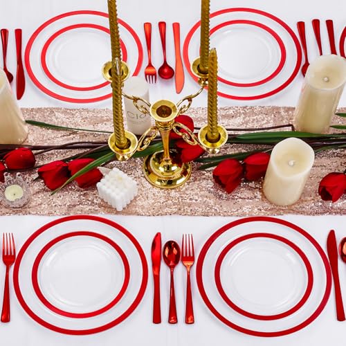U-QE 120PCS Red Plastic Plates - Clear and Red Plate Disposable Heavy Duty - Include 60 10inch Dinner and 60 7inch Dessert Plates for Party, Wedding, Showers, Birthdays