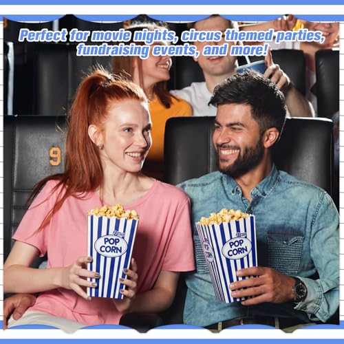Image of Xinnun 100 Pcs Popcorn Boxes 32 oz Classic Stripe Paper Popcorn Buckets Bulk Disposable Oil Proof Container Vintage Retro Open Top Holders for Movie Night Supply Theater Carnival Party(Dark Blue)