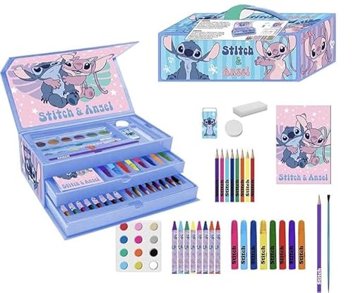 Set de papeterie Coloriable Stitch - Kit scolaire complet pour enfants avec crayons de couleur, marqueurs et accessoires thématiques de Lilo & Stitch pour dessiner, peindre et apprendre, Mallette