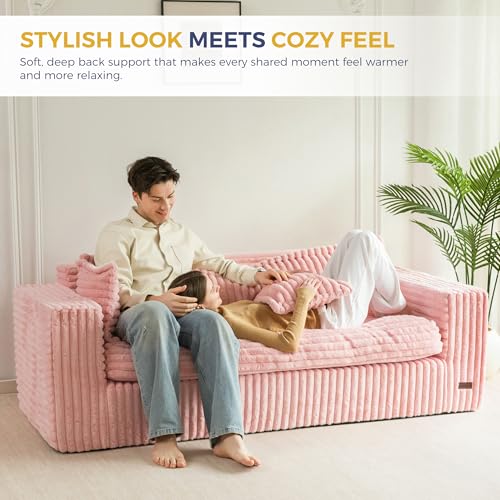 Image of MAXYOYO 76 inch Bean Bag Sofa Couch, Loveseat Boneless Couch in a Box, Upholstered Small Mini Sofa with Deep Seating for Living Room Bedroom Office Apartment, Pink
