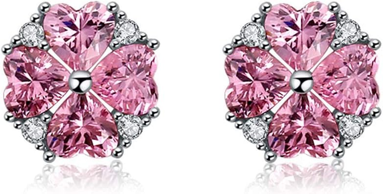 SA SILVERAGE925 Sterling Silver Pink Flower Studs Earrings Zirconia Silver Earring for Women 0.35''