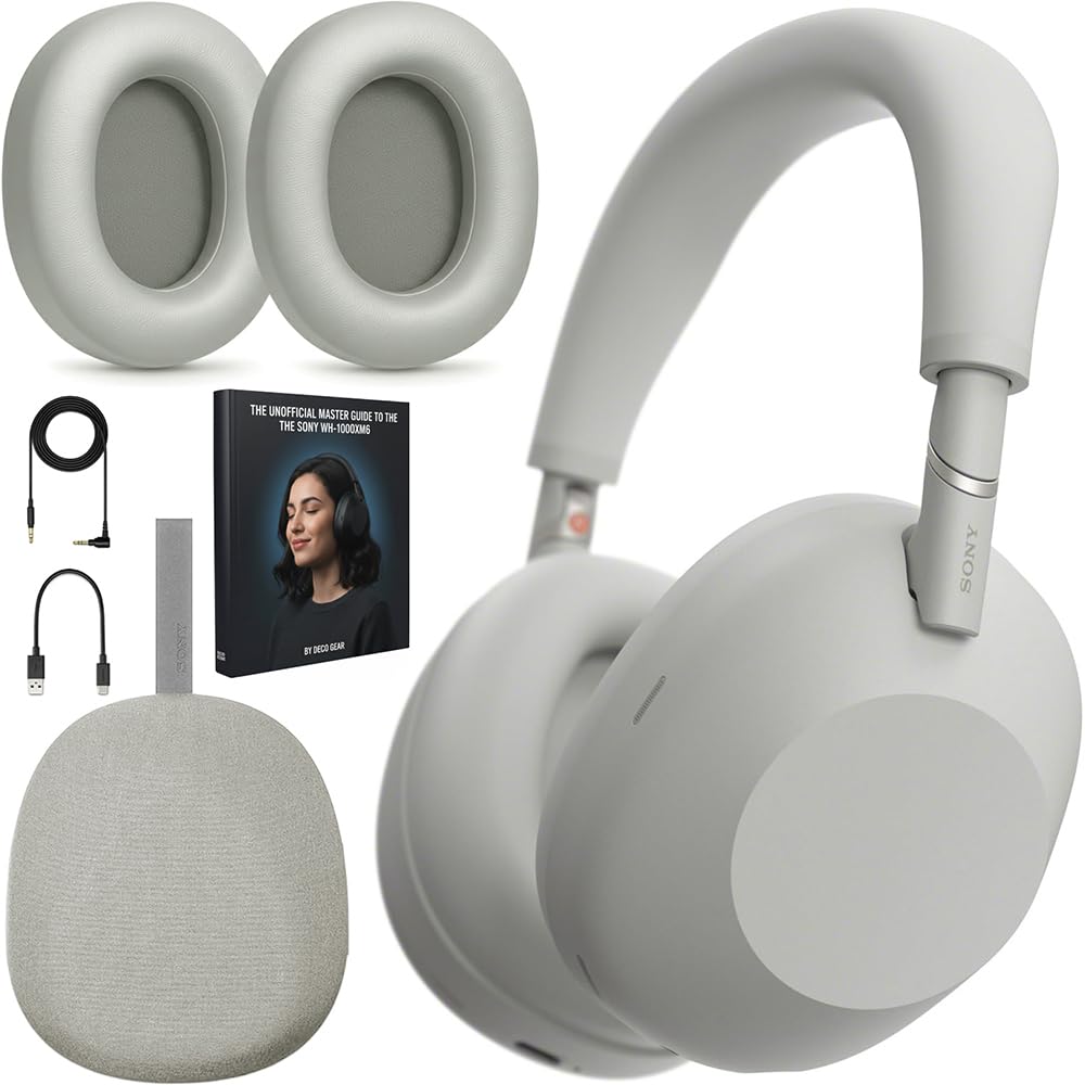 Sony WH1000XM6/S Best Wireless Noise Canceling Headphones, Platinum Silver Bundle with Deco Essentials Headphones Ear Pads Replacement Headset Ear