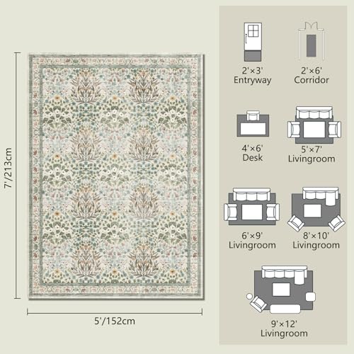 Image of Beige Blue Area Rug 5x7 - Vintage Washable Floral Rug for Living Room, Bedroom, Nursery & Entryway - Low Pile, Non-Slip, Stain Resistant, Retro Indoor Carpet