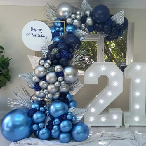 Image of Blue Balloon Arch Kit, Navy Blue and Silver Balloons Garland Arch Kit with Different Size, Metallic Blue Silver Balloons for Birthday Baby Shower Graduations Class of 2026 Prom Decorations