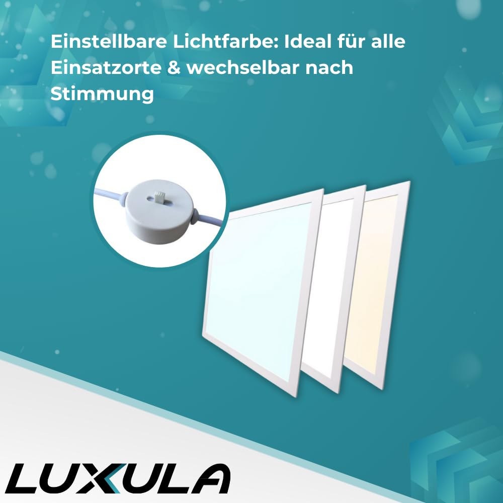 LUXULA 4x LED Panel 62x62cm, 3000K, 4000K, 6000K CCT einstellbar, 36W, 3600lm, Deckenlampe mit 230V Netzteil - LED Bürolampe für Rasterdecken, Rasterleuchte, Bürobeleuchtung