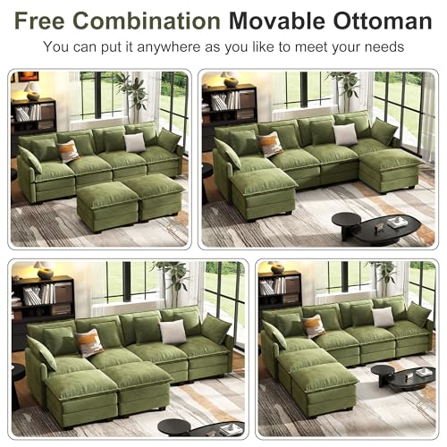 Image of 107 inch Cloud Couch Sectional Modular Sofa, Deep Seat Couches with Ottoman and Removable Washable Pillows for Living Room, Bedroom, Apartment, Green
